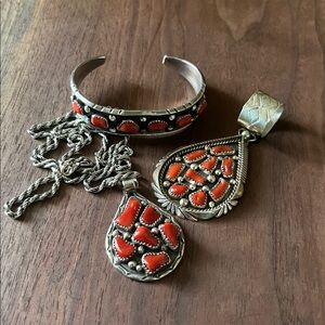 3-Piece Sterling Silver and Natural Coral Set – Bracelet and Pendants